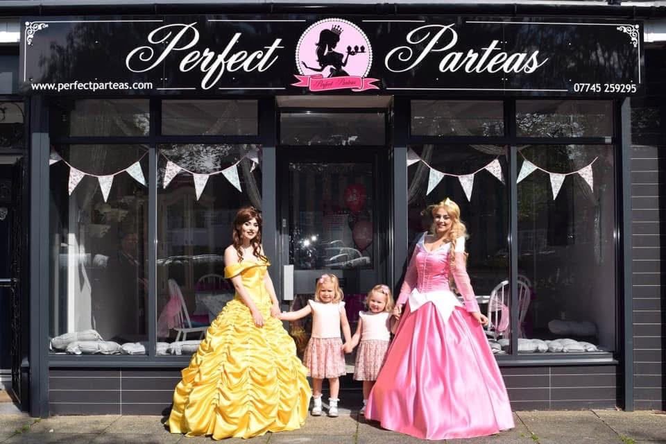 The Perfect Parteas children's party venue in Manchester with our princess hosts outside